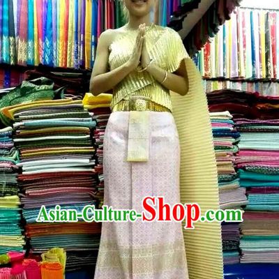 Traditional Asian Thai Wedding Costume Complete Set, Thai Wedding Black Fungus Edge Shawl, Thai Silk Fabrics Suit for Women