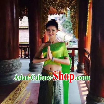 Traditional Asian Thai Wedding Costume Complete Set, Thai Wedding Black Fungus Edge Shawl, Thai Silk Fabrics Suit for Women