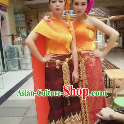 Traditional Asian Thai Wedding Costume Complete Set, Thai Wedding Black Fungus Edge Shawl, Thai Silk Fabrics Suit for Women