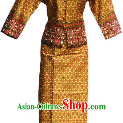 Traditional Asian Thai Costume Complete Set, Thai Waitress Silk Fabrics Suit for Women
