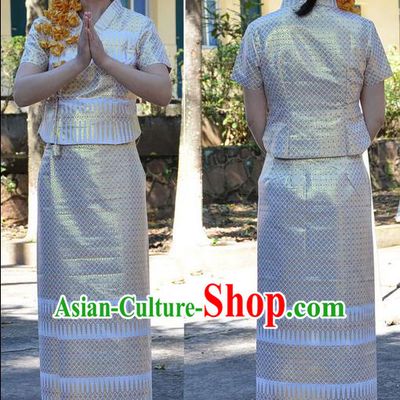 Traditional Asian Thai Costume Complete Set, Thai Waitress High Grade Silk Gold Thread Fabrics Suit for Women