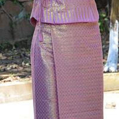 Traditional Asian Thai Costume Complete Set, Thai Waitress High Grade Silk Gold Thread Fabrics Suit for Women