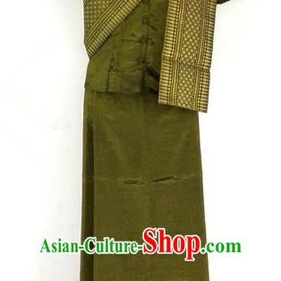 Traditional Asian Thai Costume Complete Set, Thai Waitress High Grade Silk Gold Thread Fabrics Shawl Suit for Women