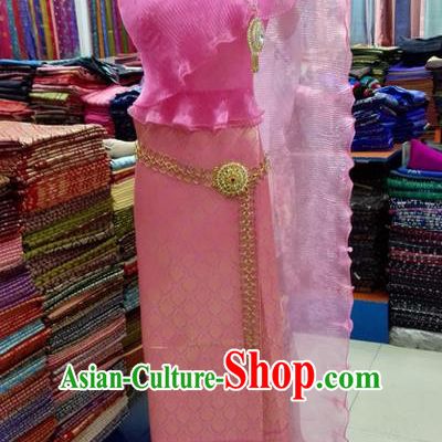 Traditional Asian Thai Palace Princess Wedding Costume Complete Set, Thai Royal Court High Grade Silk Fabrics Shawl Suit for Women
