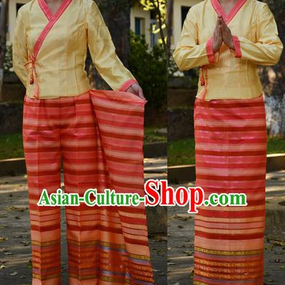 Traditional Asian Thai Costume Complete Set, Thai Waitress High Grade Silk Fabrics Shawl Suit for Women