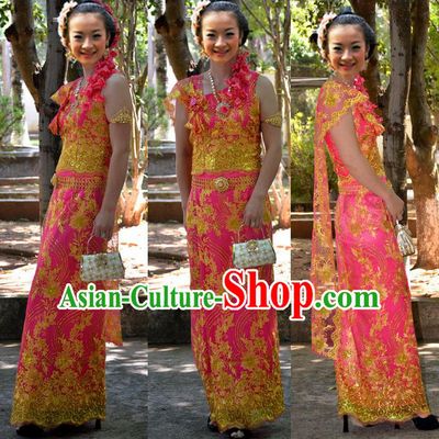 Traditional Asian Thai Palace Princess Wedding Double Gauze Costume Complete Set, Thai Shawl Royal Court Embroidery Clothing for Women