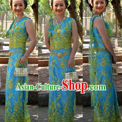Traditional Asian Thai Palace Princess Wedding Double Gauze Costume Complete Set, Thai Shawl Royal Court Embroidery Clothing for Women