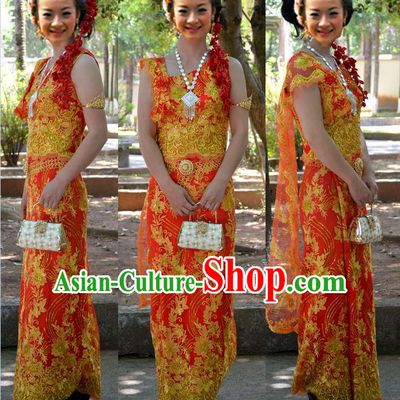 Traditional Asian Thai Palace Princess Wedding Double Gauze Costume Complete Set, Thai Shawl Royal Court Embroidery Clothing for Women
