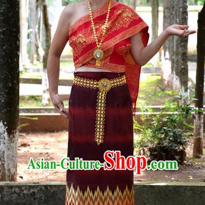 Traditional Asian Thai Palace Princess Wedding Costume Complete Set, Thai Shawl Royal Court Embroidery Clothing for Women