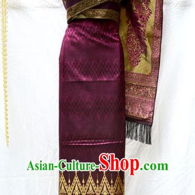 Traditional Asian Thai Palace Princess Wedding Costume Complete Set, Thai Shawl Royal Court Embroidery Clothing for Women