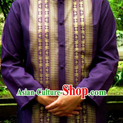 Traditional Asian Thai Palace Men Costume Skirt, Thai Royal Court Silk Dress Shirt for Men