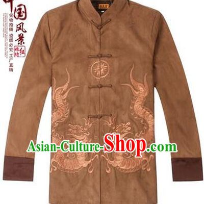 Tang Suit for Men Coat Long Sleeves Chinese Style Dress Traditional Top Chinese Loong Embroidery Ceremonial Full Clothes Brown