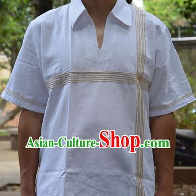 Traditional Asian Thai Palace Men Costume T-Skirt, Thai Signature Cotton Dress Shirt for Men