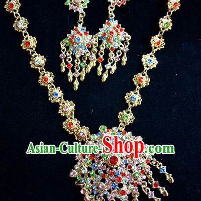 Traditional Asian Thai Jewelry Accessories Wedding Crystal Necklace and Earrings, Charm Pendants Bride Sweater Chain Earrings Set for Women