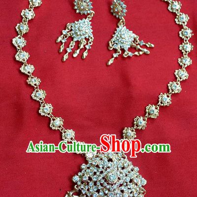 Traditional Asian Thai Jewelry Accessories Wedding Crystal Necklace and Earrings, Charm Pendants Bride Sweater Chain Earrings Set for Women