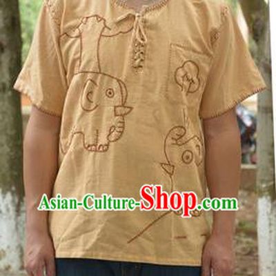Traditional Asian Thai Palace Men Costume T-Skirt, Thai Signature Cotton Dress Shirt for Men
