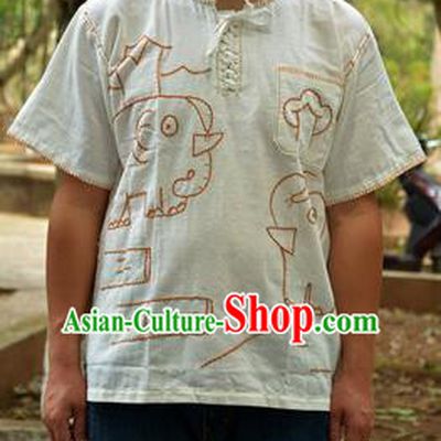 Traditional Asian Thai Palace Men Costume T-Skirt, Thai Signature Cotton Dress Shirt for Men