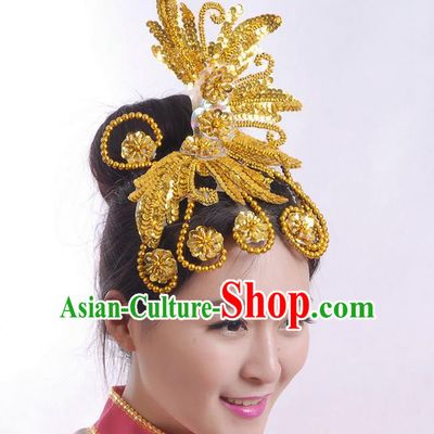 Traditional Chinese Yangge Hair Accessories, Fan Dancing Headwear, Folk Dance Yangko Headdress, China National Minority Dancing Stage Accessories