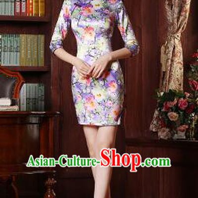 Chinese Traditional One Piece Dress Bracelet sleeve Three Quarter Sleeves Qi Pao Cheongsam Styel Short Sleeves Chinese Traditional Clothes Summer