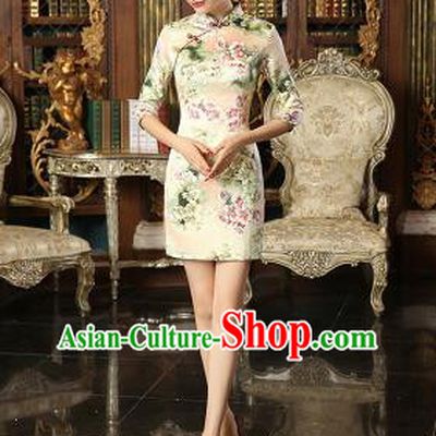 Chinese Traditional One Piece Dress Silk Bracelet sleeve Three Quarter Sleeves Qi Pao Cheongsam Styel Short Sleeves Chinese Traditional Clothes