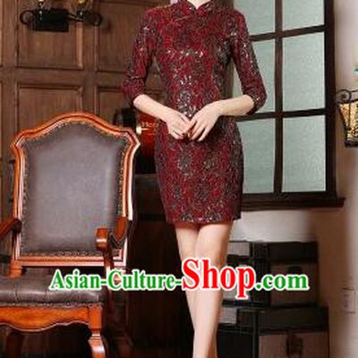 Chinese Traditional One Piece Dobby Cotton Dress Bracelet Sleeves Qi Pao Cheongsam Styel Short Sleeves Chinese Traditional Clothes Three Quarter Sleeve