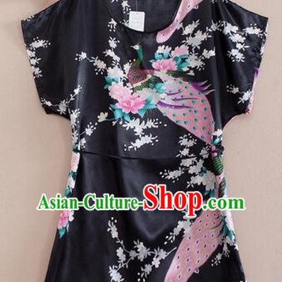 Night Suit for Women Night Gown Bedgown Leisure Wear Home Clothes Chinese Traditional Style Peacock Black