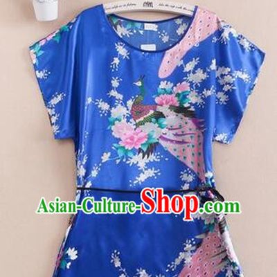Night Suit for Women Night Gown Bedgown Leisure Wear Home Clothes Chinese Traditional Style Peacock Blue