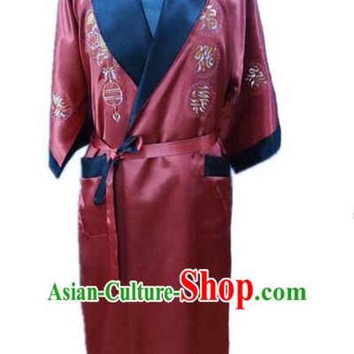 NIght Suit for Men Chinese Loong Dragon Embroidery Reversible Mock Silk Home Gown Black Red
