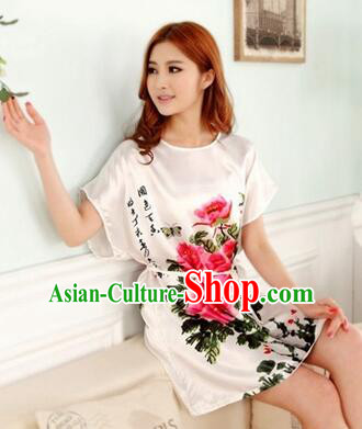 Night Gown Women Sexy Skirt Ancient China Style Chinese Traditional Beauty Pattern Night Suit Nighty Bedgown Peony White
