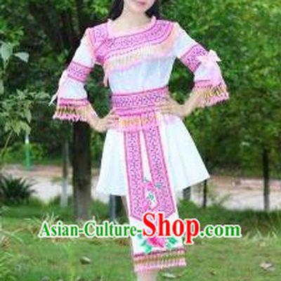 Traditional Chinese Miao Nationality Costume, Hmong Luxury Improved Female Folk Dance Ethnic Short Skirt, Chinese Minority Nationality Embroidery Costume for Women