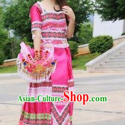 Traditional Chinese Miao Nationality Wedding Costume, Hmong Luxury Improved Bride Folk Dance Ethnic Long Skirt, Chinese Minority Nationality Embroidery Costume for Women
