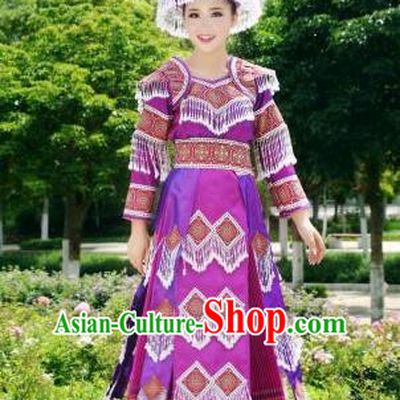 Traditional Chinese Miao Nationality Wedding Costume Set, Hmong Luxury Improved Bride Folk Dance Ethnic Long Skirt, Chinese Minority Nationality Embroidery Costume for Women
