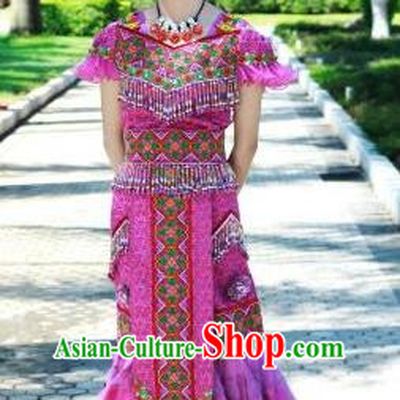 Traditional Chinese Miao Nationality Wedding Costume Set, Hmong Luxury Improved Bride Folk Dance Ethnic Long Skirt, Chinese Minority Nationality Embroidery Costume for Women
