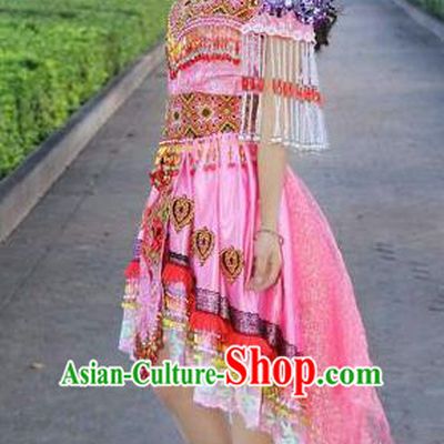 Traditional Chinese Miao Nationality Costume Set, Hmong Luxury Improved Bride Folk Dance Ethnic Short Skirt, Chinese Minority Nationality Embroidery Costume for Women