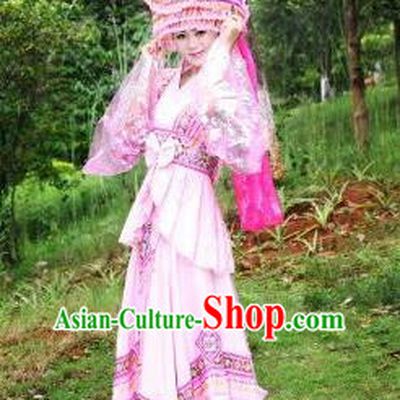 Traditional Chinese Miao Nationality Costume Set, Hmong Luxury Improved Bride Folk Dance Ethnic Long Pink Skirt, Chinese Minority Nationality Embroidery Costume for Women