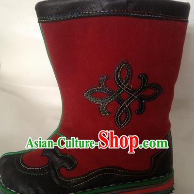 Traditional Chinese Minority Mongol Nationality Ethnic Minorities Mongolian Dance Cowhide Boots Mongolian Children Knee Embroidery Boots Jockey Boots Tanks Boots for Kids