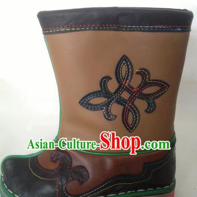 Traditional Chinese Minority Mongol Nationality Ethnic Minorities Mongolian Dance Cowhide Boots Mongolian Children Knee Embroidery Boots Jockey Boots Tanks Boots for Kids