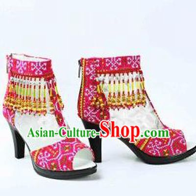 Traditional Chinese Minority Miao Nationality Ethnic Minorities Shoes, Hmong Bride Dance Shoe Wedding Shoes for Women