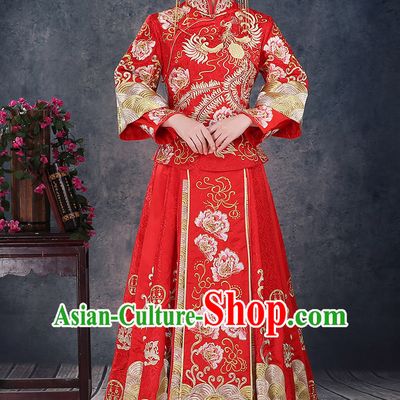 Ancient Chinese Costume, Chinese Style Wedding Dress, Red Ancient Dragon And Phoenix Flown, Bride Toast Clothing For Women
