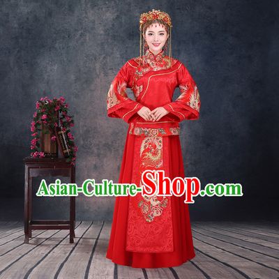Ancient Chinese Costume, Xiuhe Suits, Chinese Style Wedding Dress, Red Ancient Women Longfeng Dragon And Phoenix Flown, Bride Toast Cheongsam