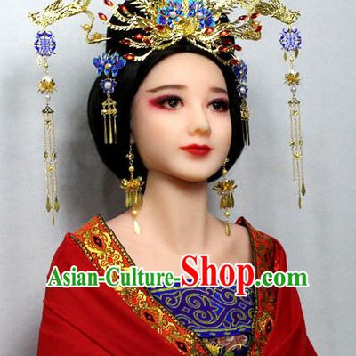 Chinese Ancient Style Hair Jewelry Accessories, Blueing Hairpins, Tang Dynasty Wedding Bride Imperial Empress Handmade Phoenix for Women