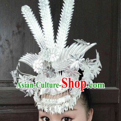 Traditional Chinese Miao Princess Empress Queen Silver Brides Wedding Headpieces Hair Fascinators Jewelry Decorations Hairpins Phoenix Crown Coronet