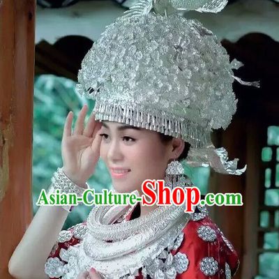 Traditional Chinese Miao Princess Empress Queen Silver Brides Wedding Headpieces Hair Fascinators Jewelry Decorations Hairpins Phoenix Crown Coronet