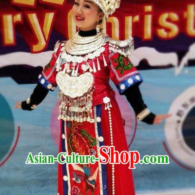Traditional Chinese Miao Ethnic Clothing and Silver Hat Complete Set for Women or Girls
