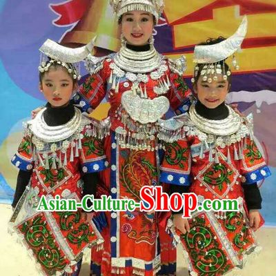 Traditional Chinese Miao Ethnic Clothing and Silver Hat Complete Set for Kids Children