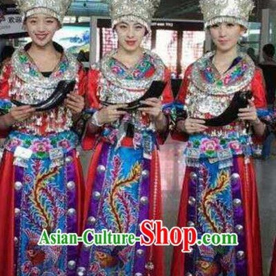 Traditional Chinese Miao Minority Clothing and Silver Hat Complete Set for Women