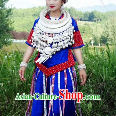 Traditional Chinese Miao Minority Clothing and Silver Hat Complete Set for Women
