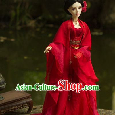 Ancient Chinese Red Lady Wedding Dress and Hair Jewelry Complete Set for Women