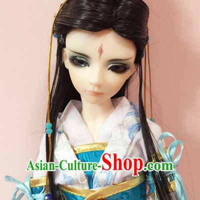 Ancient Chinese Black Long Hair Wigs and Crown for Men