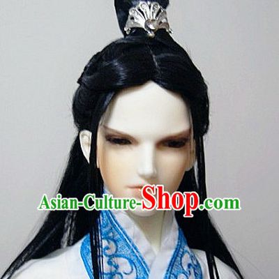 Ancient Chinese Style Prince Emperor Long Black Wigs and Coronet for Men Boys Adults Kids